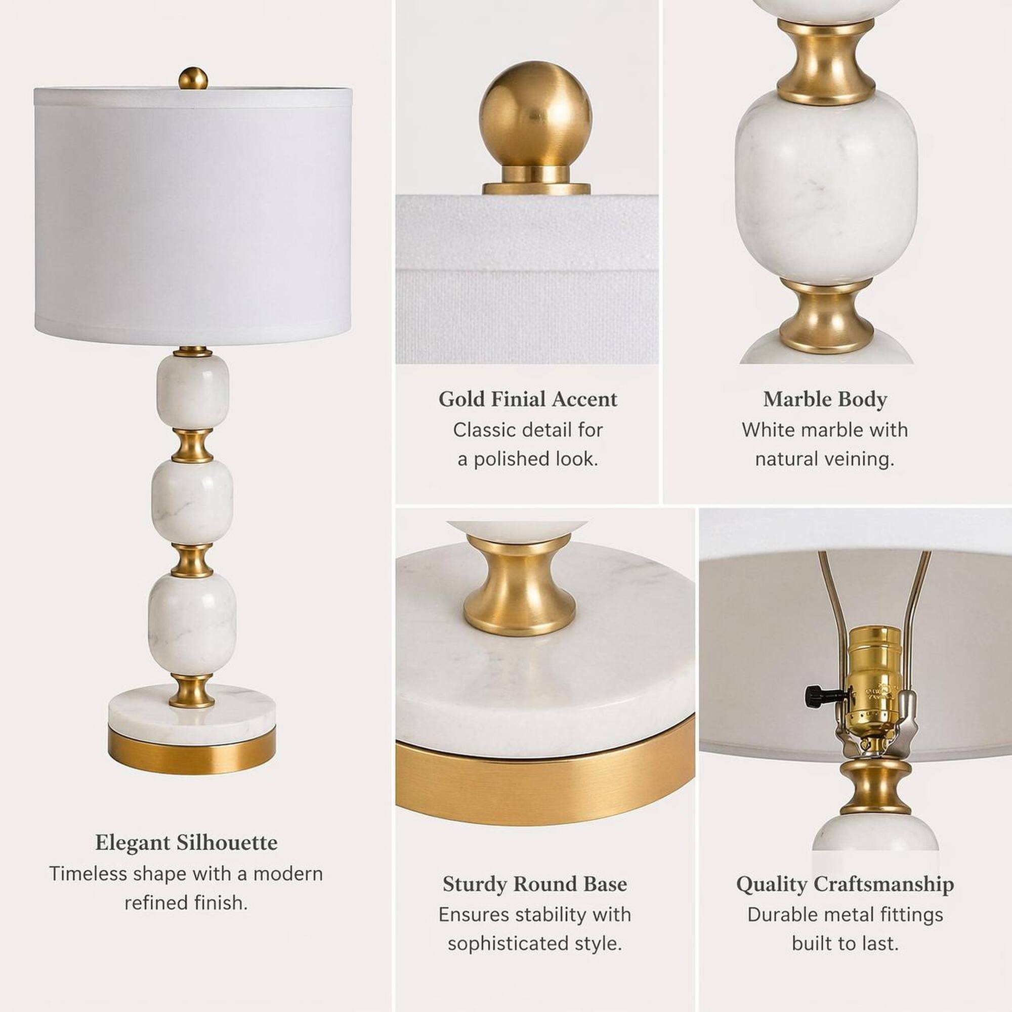 Gold Finial Accent Classic detail for a polished look.  
Marble Body White marble with natural veining.  
Elegant Silhouette Timeless shape with a modern refined finish.  
Sturdy Round Base Ensures stability with sophisticated style.  
Quality Craftsmanship Durable metal fittings built to last.