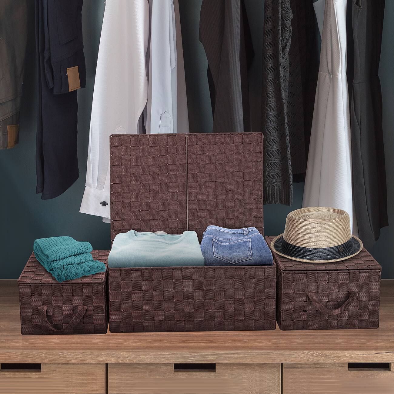 Left. Sorbus - Sorbus Set of 3 Storage Baskets for Organizing with Lid, Mesh, Linen, Organizer Storage Baskets for Shelves - Brown.
