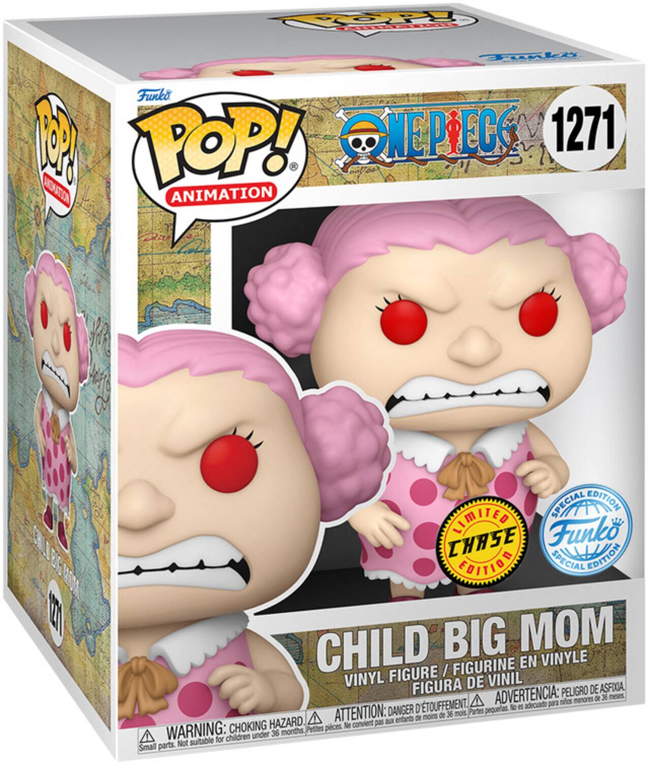 Sure, here is the corrected and grouped text from the image:

---

**Funko POP! ANIMATION**

**ONE PIECE 1271**

**CHILD BIG MOM**

**VINYL FIGURE / FIGURINE EN VINYLE / FIGURA DE VINIL**

**LIMITED CHASE EDITION**

**SPECIAL EDITION**

**WARNING: CHOKING HAZARD**  
Small parts. Not suitable for children under 36 months.  
ATTENTION: DANGER D'ÉTOUFFEMENT  
ADVERTENCIA: PEIGRO DE ASFIXIA  
Peligro de asfixia. No es adecuado para menores de 36 meses  
DANGER: for children under 36 months.  
ATTENTION: de 36 mois  
HAZARD convient pas aux enfants de moins de 36 mois.

---

This text is organized to reflect the information on the packaging.