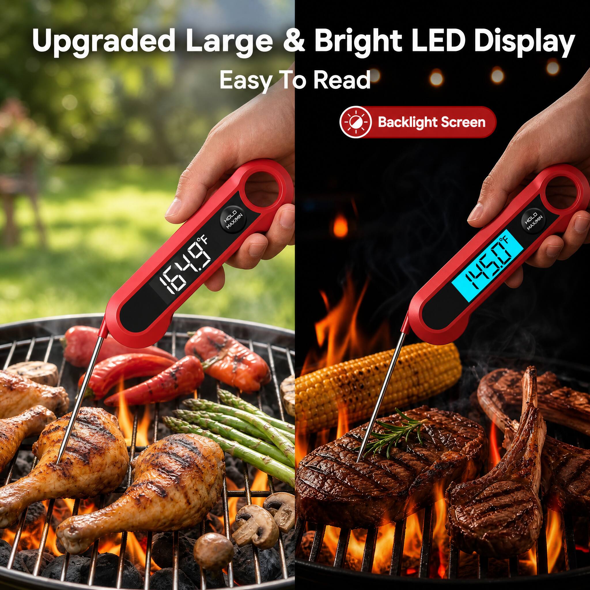 Upgraded Large & Bright LED Display Easy To Read  
Backlight Screen  
HOLD MAX/MIN 164.9F  
HOLD MAX/MIN 145.0F