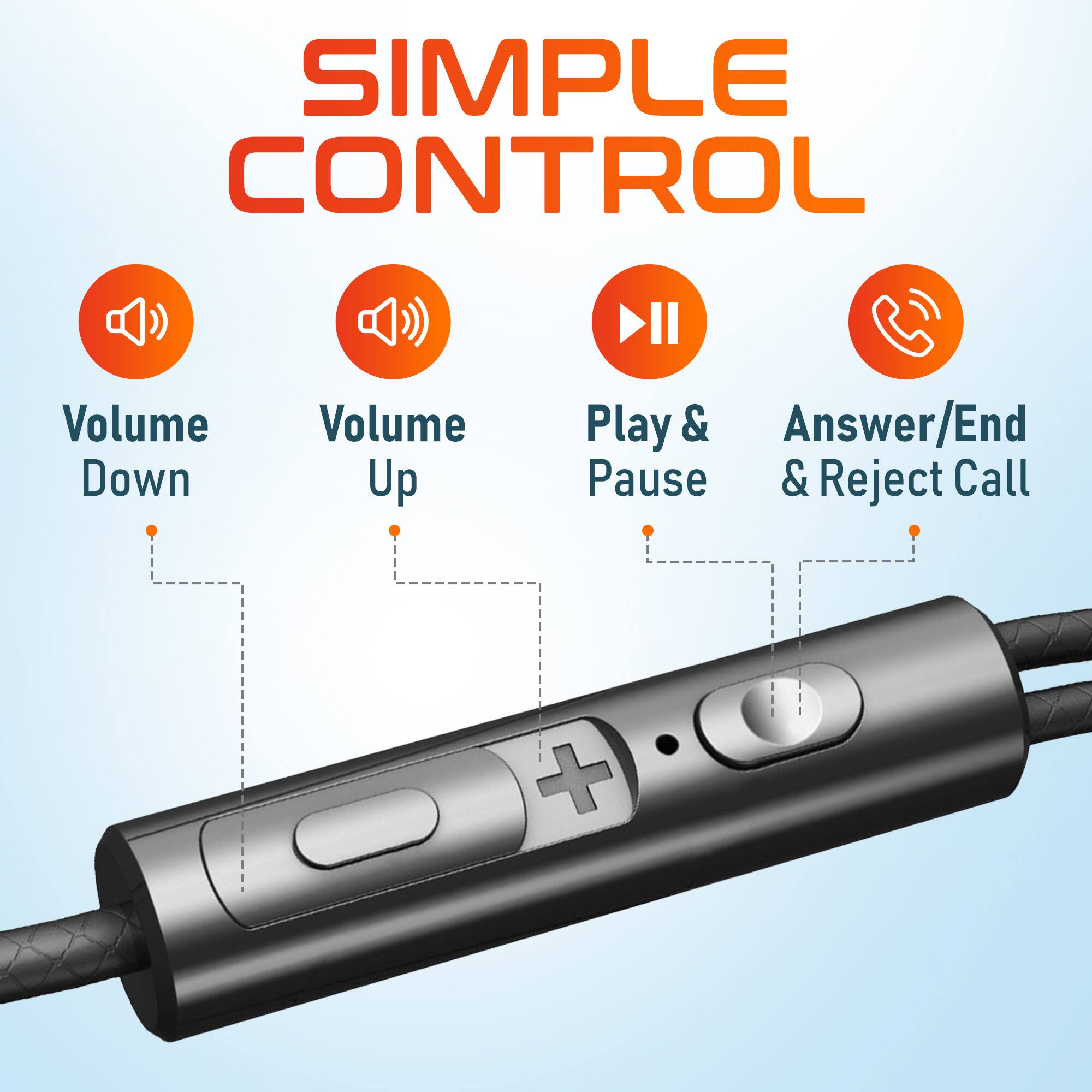 SIMPLE CONTROL Volume Down Volume Up Play & Pause Answer/End Call & Reject Call +