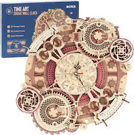 Robotime - ROKR 3D Wooden Puzzles for Adults-Wooden Clock Puzzle Kit-Wood Model Kits to Build for Adults-Zodiac Wall Clock - Brown