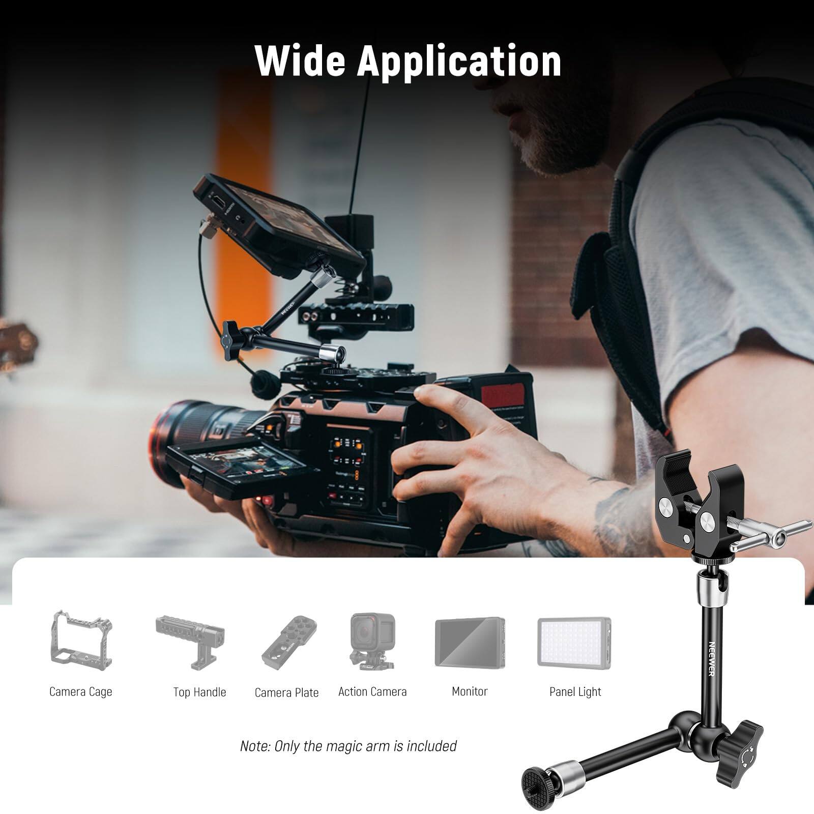 Wide Application

- Camera Cage
- Top Handle
- Camera Plate
- Action Camera
- Monitor
- Panel Light

Note: Only the magic arm is included