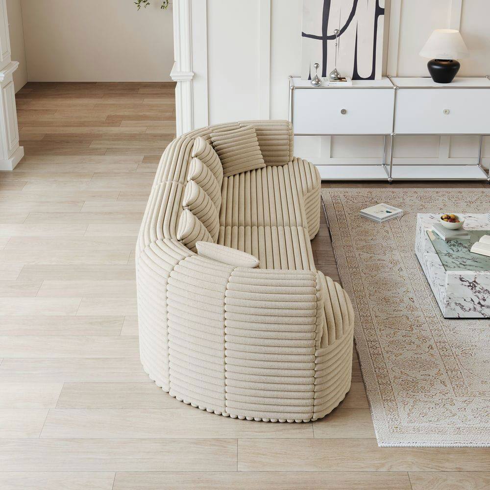 Left. Kadyn - 106.3" Curved Sectional Sofa, 4-Seater Corduroy Cloud Couch with 6 Pillows and Memory Foam - Beige.