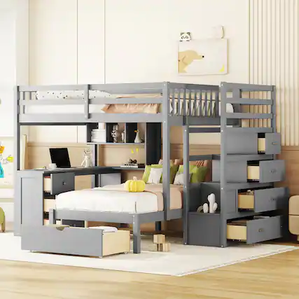 Front. Tiramisubest - Full Over Twin Bunk Bed with Desk, Gray - Solid Wood, 98x80x65 inches, Space-Saving - Gray.