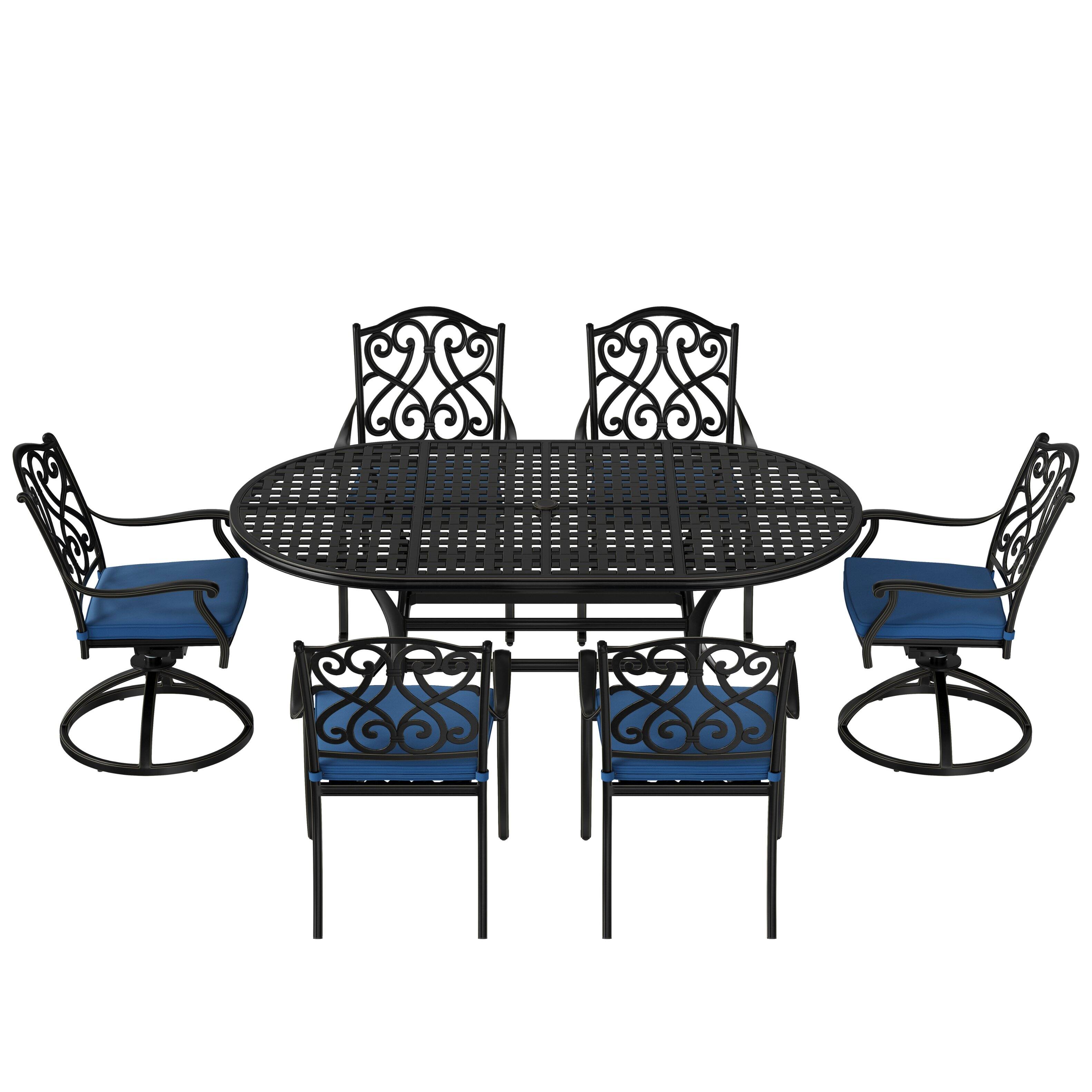 Back. Mondawe - 6 Person Elliptical Outdoor Dining Set with Cushions - Black+Blue.