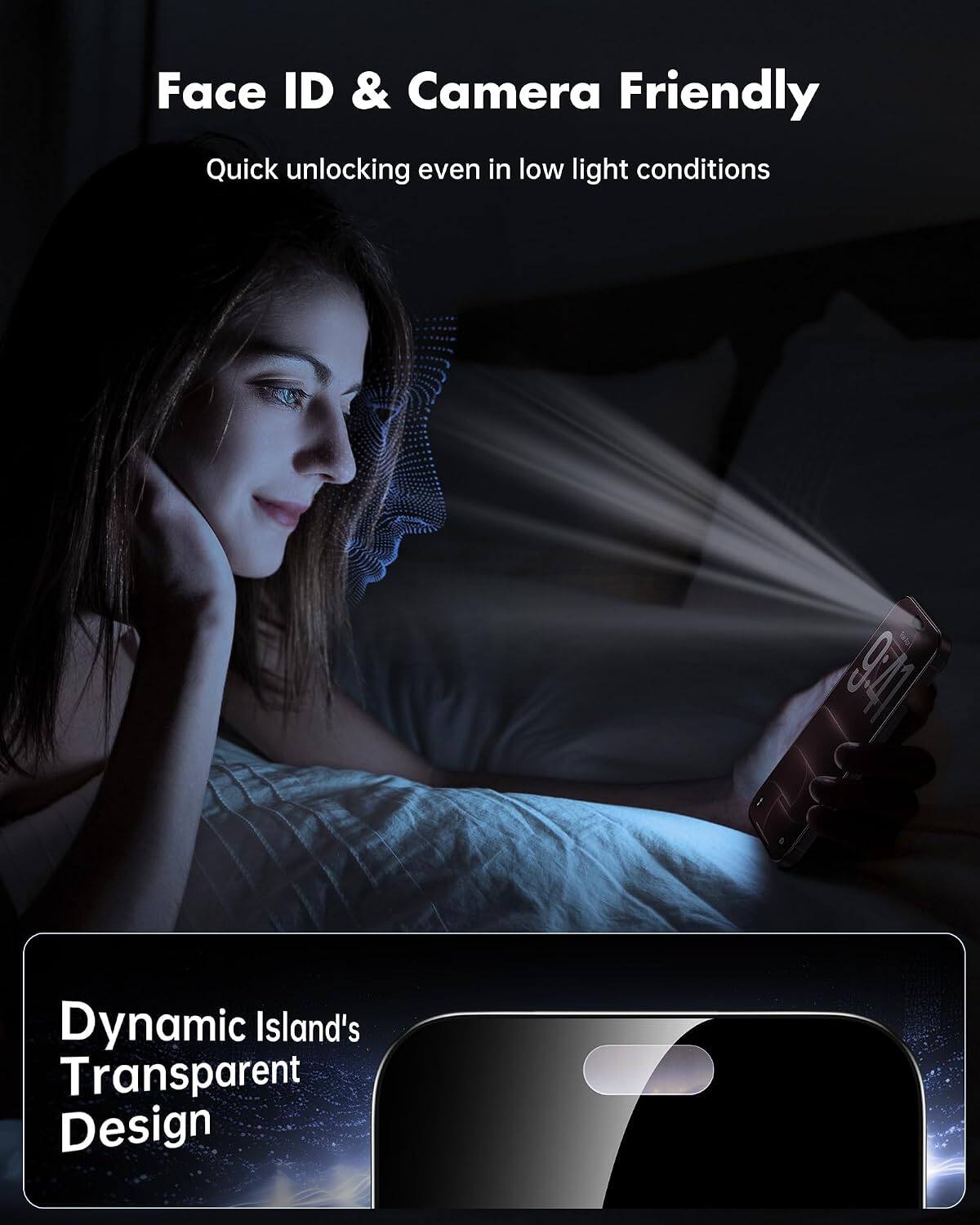 Face ID & Camera Friendly  
Quick unlocking even in low light conditions  

9411  

Dynamic Island's Transparent Design