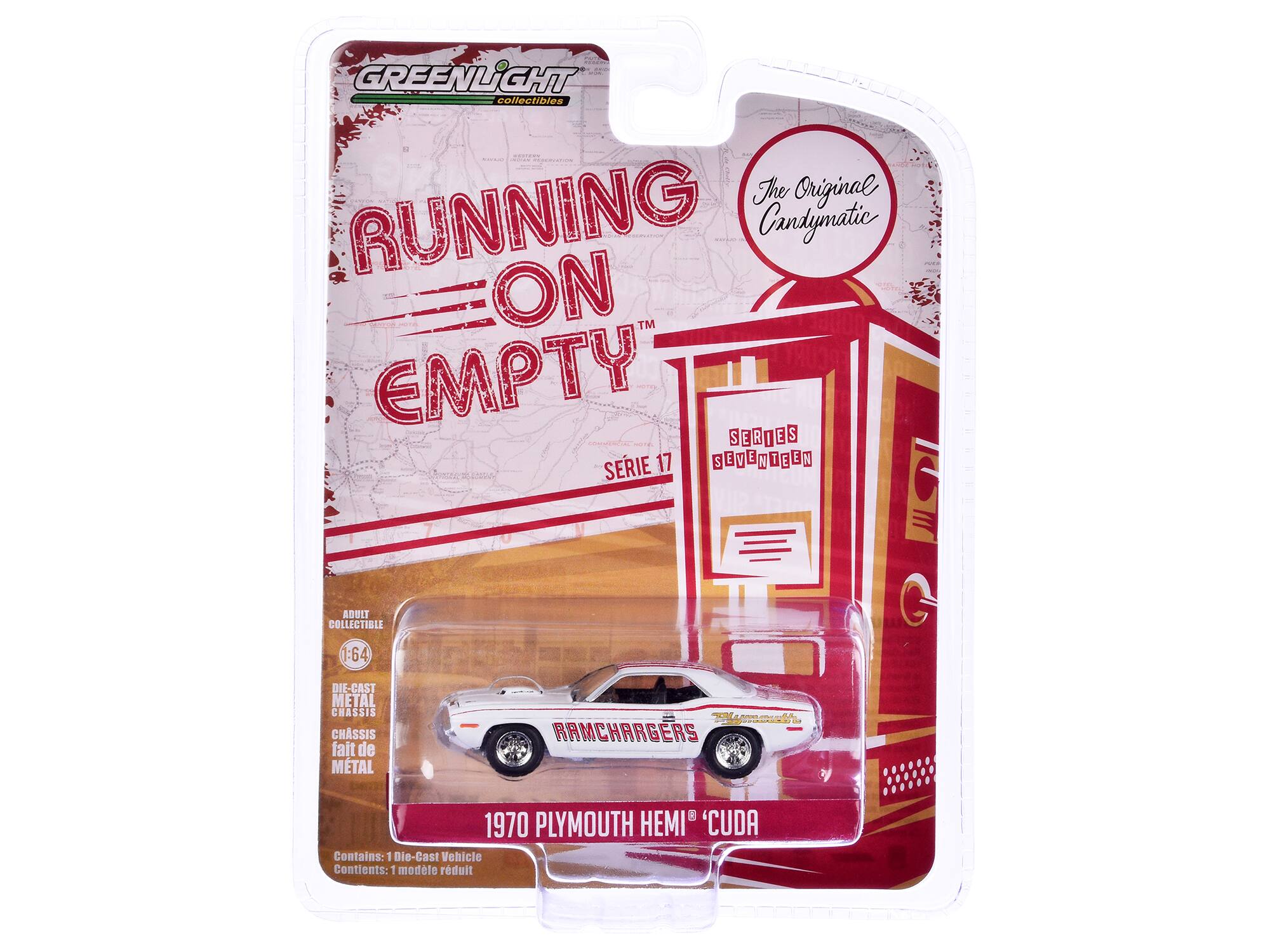 GREENLiGHT collectibles  
The Original RUNNING ON EMPTY  
SÉRIE 17  
SERIES SEVENTEEN  

ADULT COLLECTIBLE  
1:64  
DIE-CAST METAL CHASSIS  
CHASSIS fait de METAL  

Contains: 1 Die-Cast Vehicle  
Contients: 1 modèle réduit  

1970 PLYMOUTH HEMI 'Cuda  
RAMCHARGERS