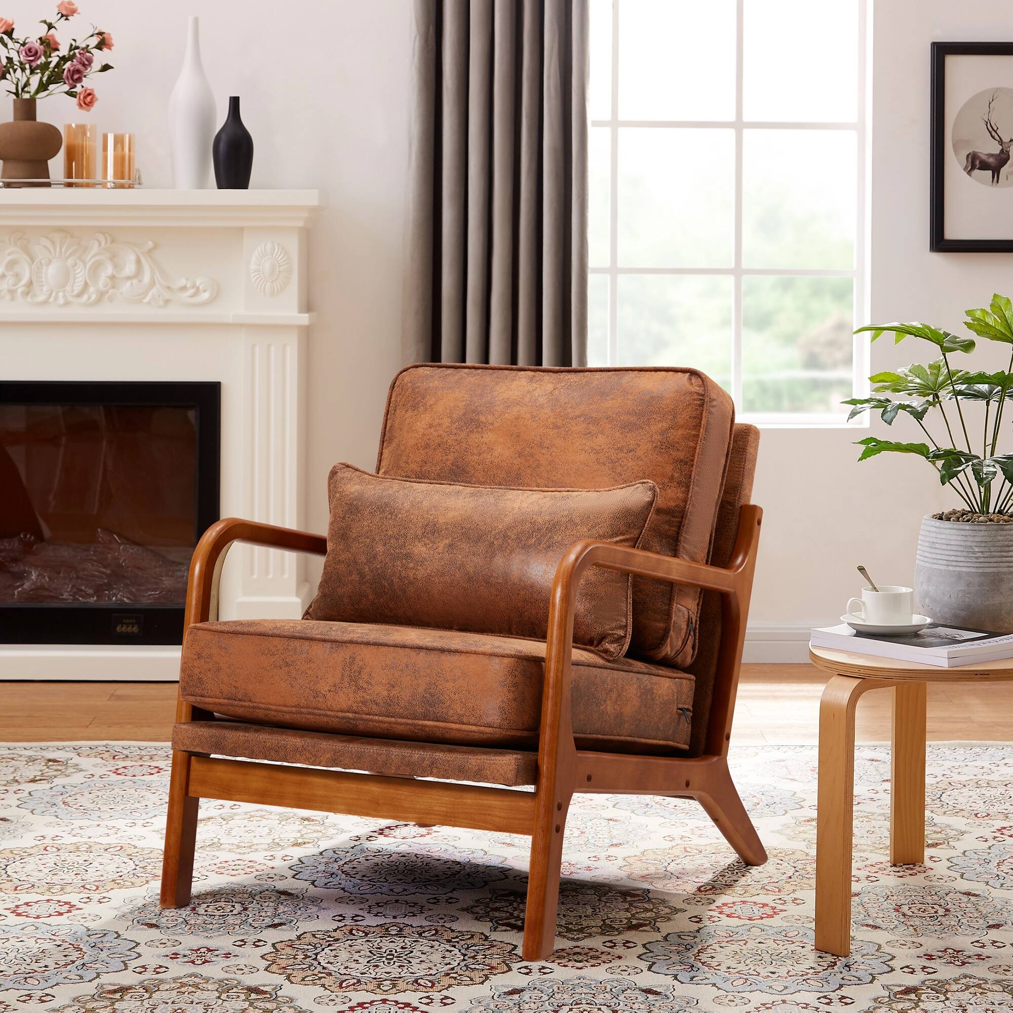 Angle. U-HOMY - 【Set of 2】Mid-Century Modern Accent Chairs - Solid Wood Armchairs with Cushion for Living Room, Bedroom - Brown.