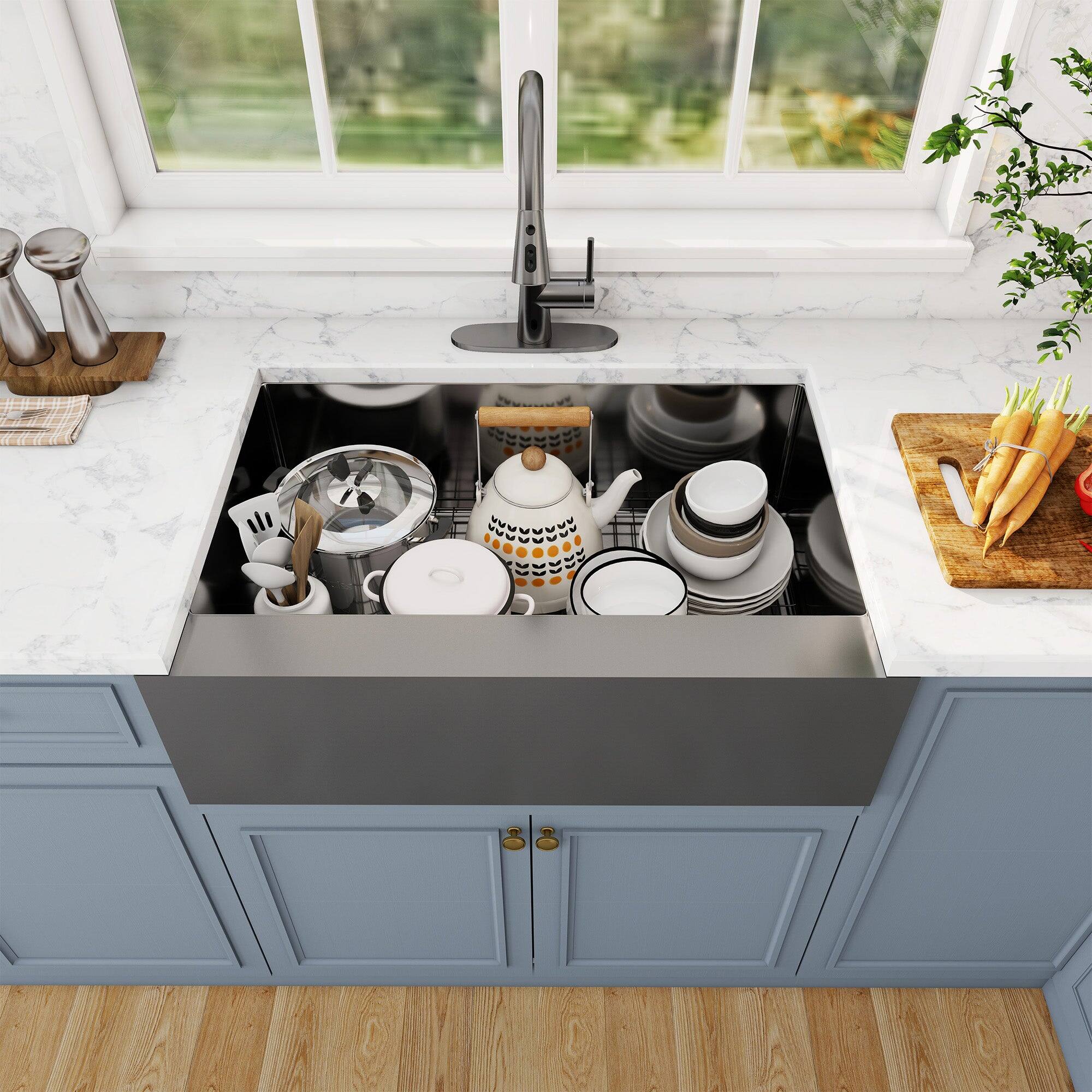 Alt View 3. Boyel Living - 33 in. Farmhouse Apron-Front Single Bowl 18-Gauge Gray Stainless Steel Kitchen Sink with Bottom Grid and Strainer Basket - Gray.