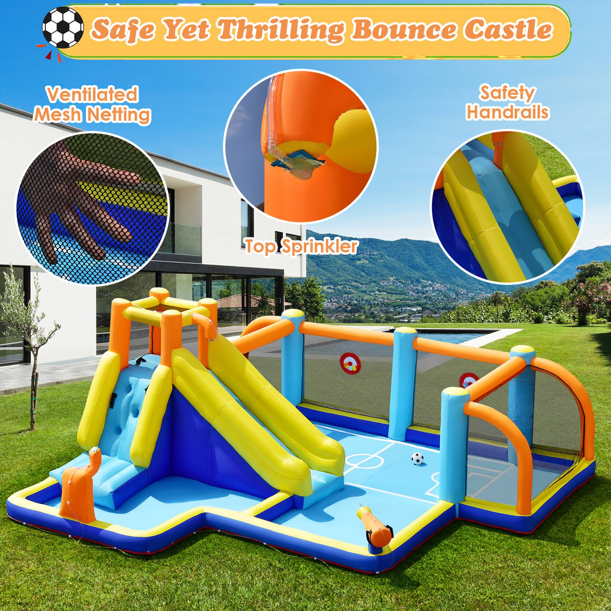 Safe Yet Thrilling Bounce Castle

- Ventilated Mesh Netting
- Top Sprinkler
- Safety Handrails