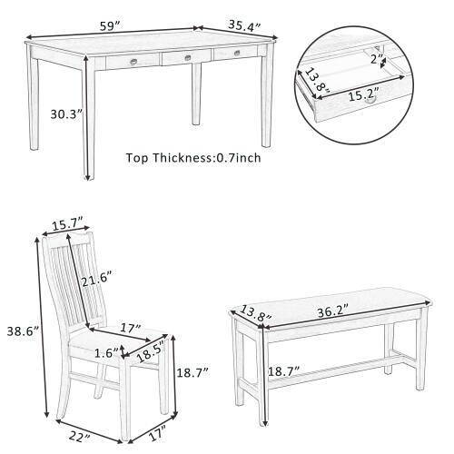 59" 35.4" 30.3" 2' 13.8" 15.2" Top Thickness: 0.7 inch 7 inch 15.7" 38.6" 21.6" 17" 1.6" 18.5" 18.7" 13.8" 36.2" 18.7" 22" 17"