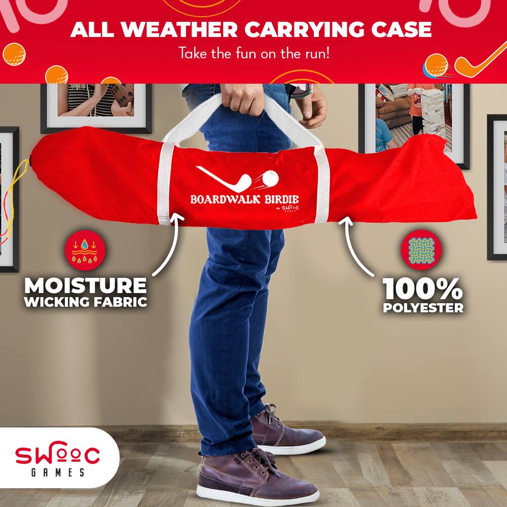 ALL WEATHER CARRYING CASE  
Take the fun on the run!  

MOISTURE WICKING FABRIC  
100% POLYESTER  

BOARDWALK BIRDIE  
SWOOC GAMES