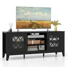 Costway - TV Stand for TVs up to 65" with 3-Position Adjustable Shelves Tempered Glass Doors - Black