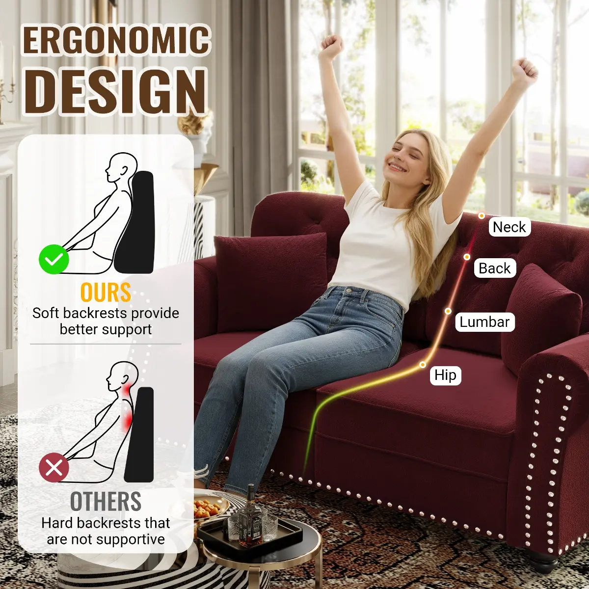 ERGONOMIC DESIGN

Neck
Back
Lumbar
Hip

OURS
Soft backrests provide better support

OTHERS
Hard backrests that are not supportive