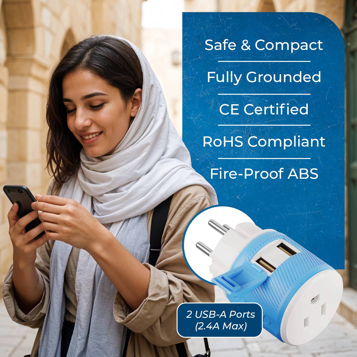 Safe & Compact  
Fully Grounded  
CE Certified  
RoHS Compliant  
Fire-Proof ABS  

2 USB-A Ports (2.4A Max)