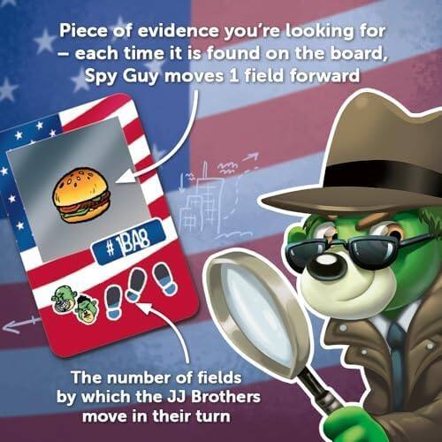 Piece of evidence you're looking for – each time it is found on the board, Spy Guy moves 1 field forward

#1BA8

The number of fields by which the JJ Brothers move in their turn