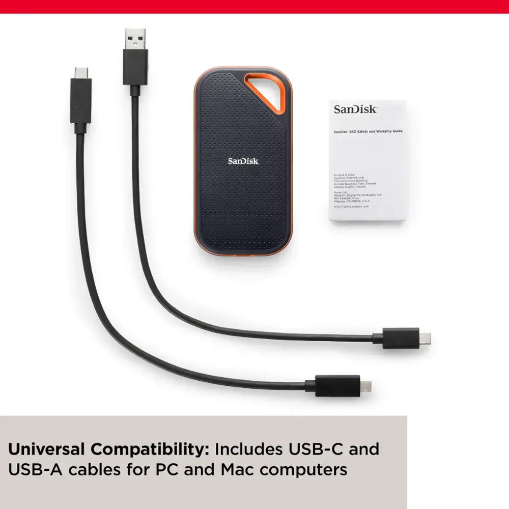 SanDisk SSD Extreme PRO de 2TB 2000 MB/s 36 Acérquese a SanDisk Sanitist M Care y Manual: Universal Compatibilidad: Incluye cables USB-C y USB-A para computadoras PC y Mac.