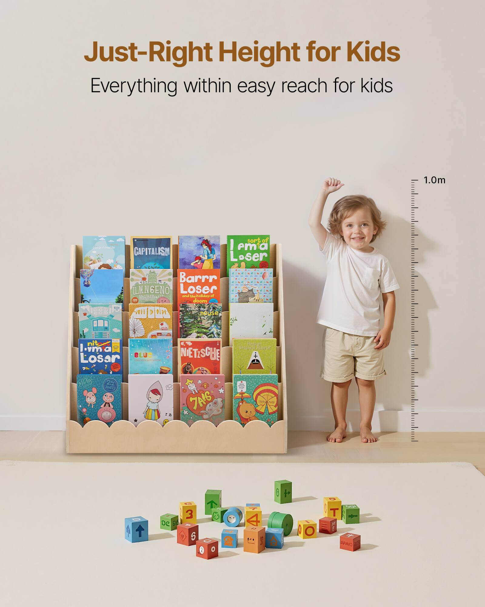 Just-Right Height for Kids  
Everything within easy reach for kids  

1.0m  

sort of I'm a Loser  
CAPITALISM  
Barr Loser  
ILMANGENO  
I'm a Losar  
BLU  
NIETSCHE  
A  
T  
7  
AI6  
T  
3  
6  
A  
1..  
5  
D  
0  
O  
e.  
T  
HE  
APAID