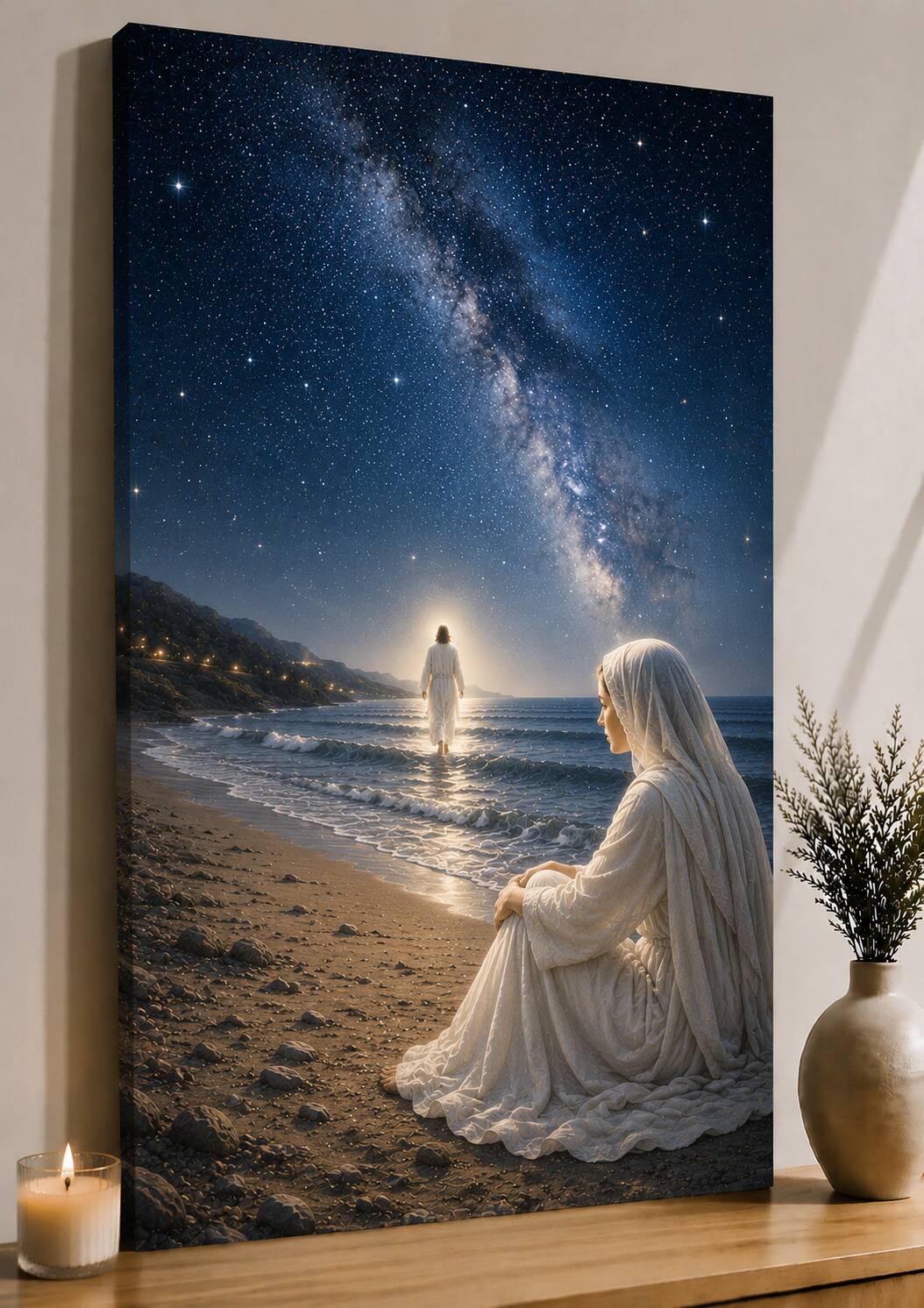 FC Design - Large Mary Watching Jesus at Shore Wall Art Canvas Print 24x36" Celestial Ocean Christian Coastal Home Decor - MultiColor