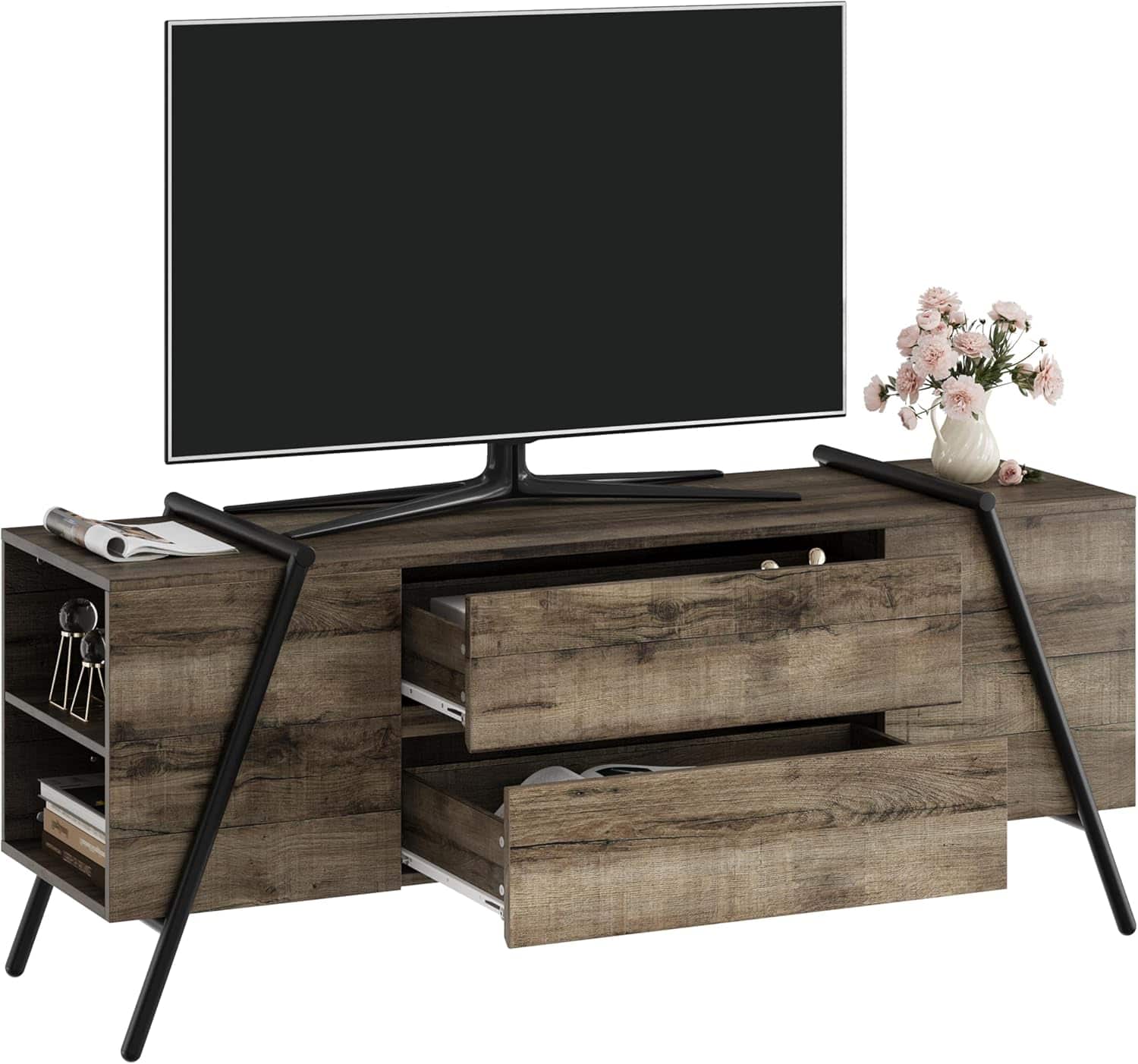 Qeetex - 55" Modern TV Stand with Adjustable Shelf & 2 Drawers, U-Shaped Metal Legs Media Console for Living Room - Rustic Grey