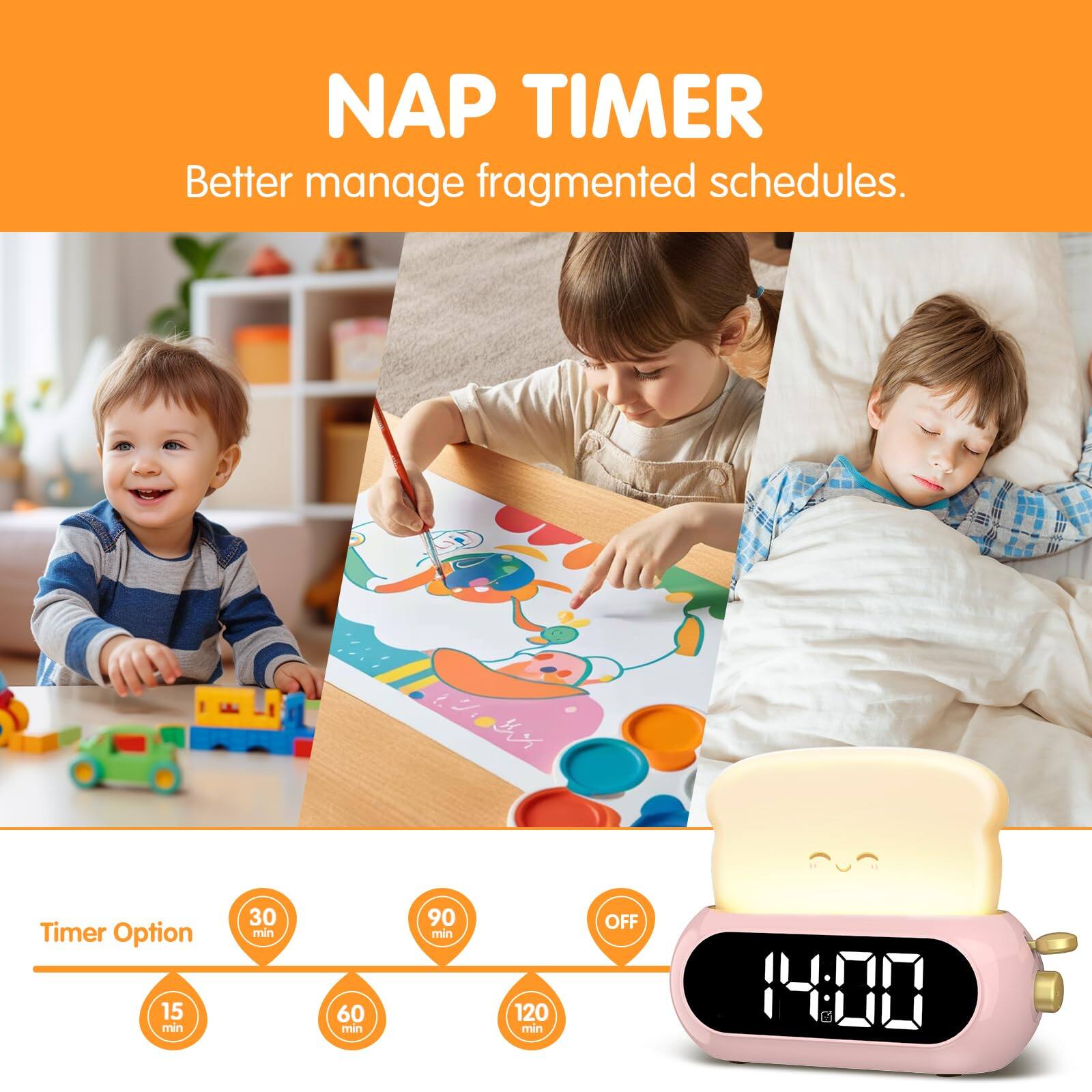 NAP TIMER  
Better manage fragmented schedules.

Timer Option  
15 min  
30 min  
60 min  
90 min  
120 min  
OFF

14:00