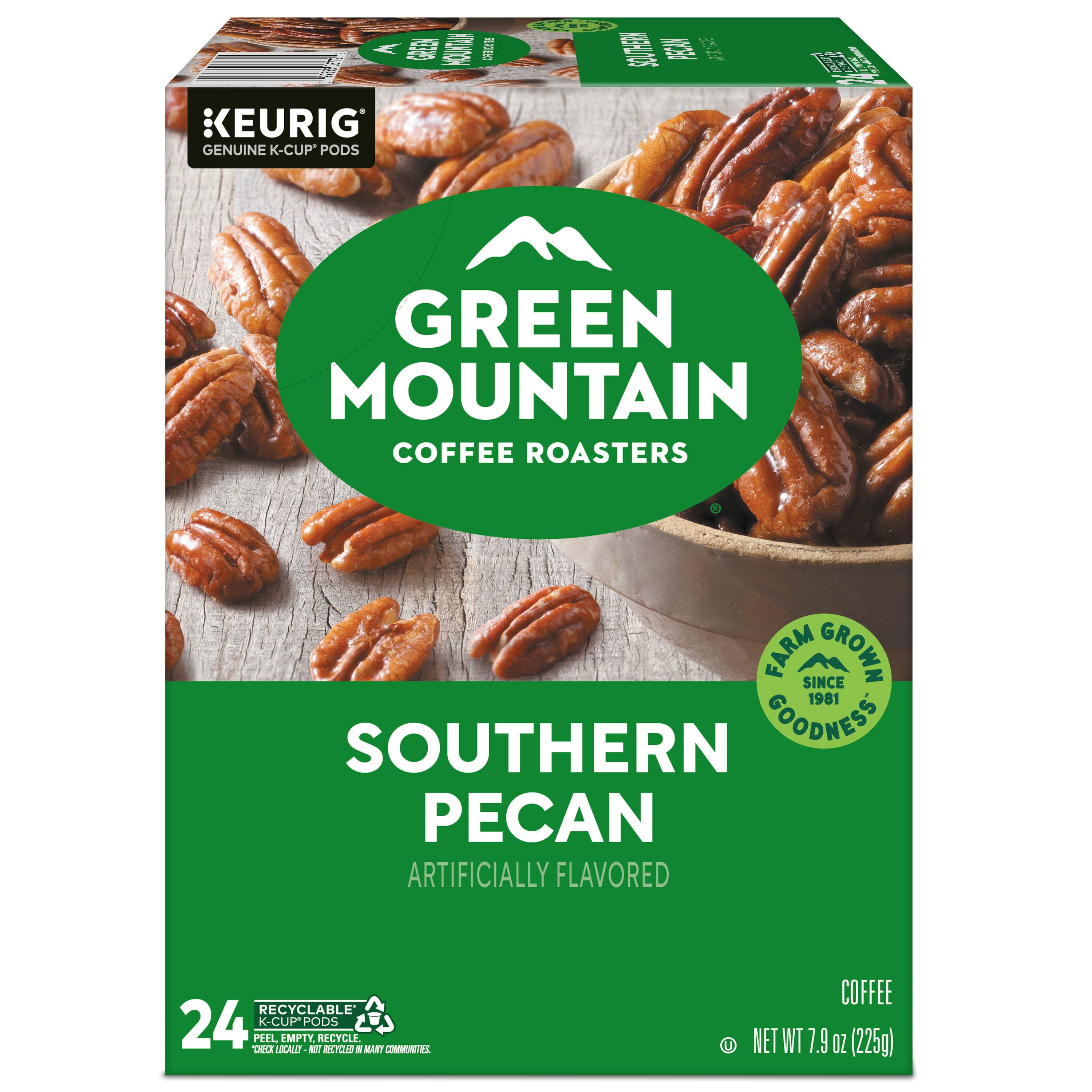 Sure, here is the corrected and grouped text from the image:

---

**KEURIG**  
GENUINE K-CUP® PODS

**GREEN MOUNTAIN**  
COFFEE ROASTERS

**SOUTHERN PECAN**  
ARTIFICIALLY FLAVORED

**24**  
RECYCLABLE  
PEEL, EMPTY, RECYCLE  
*TEXT LOCALITY: NOT RECYCLED IN MANY COMMUNITIES*

**FARM GROWN**  
SINCE 1981  
GOODNESS

**COFFEE**  
NET WT 7.9 OZ (225g)

---

This text is organized to reflect the information on the packaging accurately.