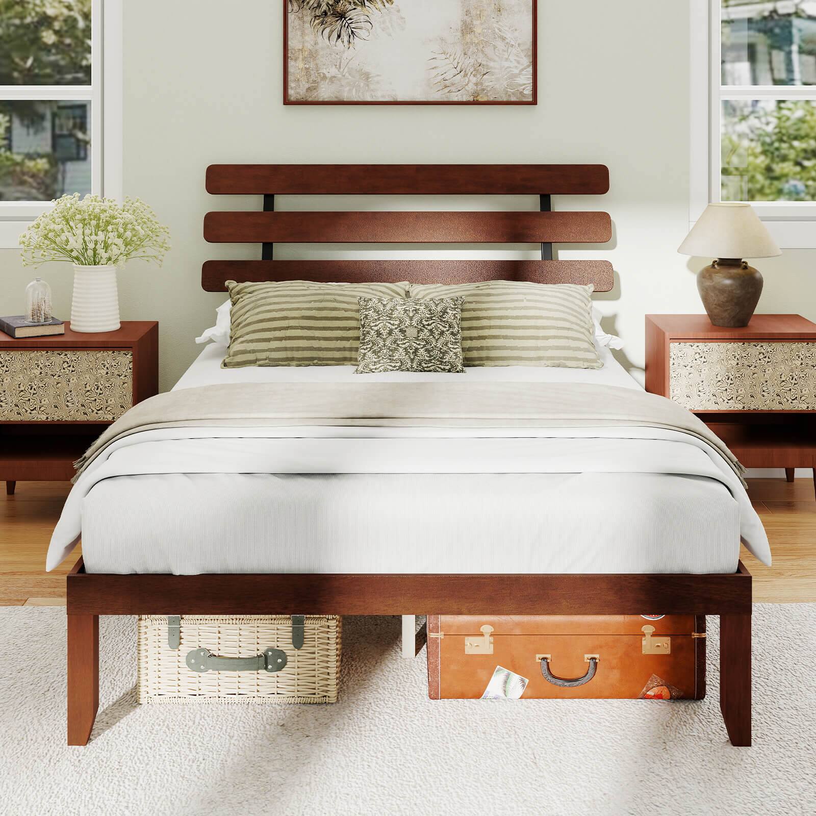 Alt View 3. Costway - Costway 15.5 Inch Queen Size Bed Frame with Retro Headboard &Under-Bed Storage Space - Walnut.