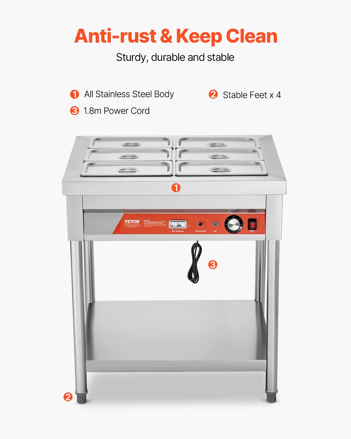 Anti-rust & Keep Clean  
Sturdy, durable and stable

1. All Stainless Steel Body  
2. Stable Feet x 4  
3. 1.8m Power Cord