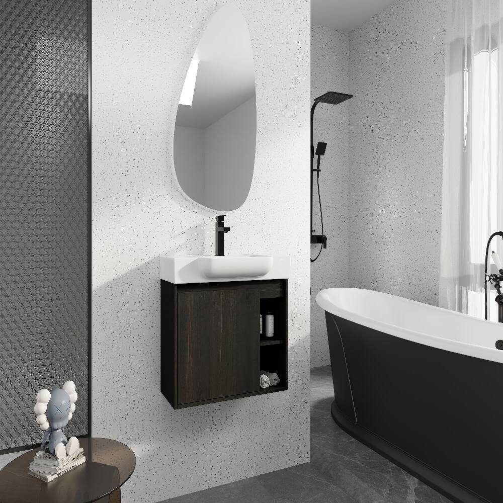 Back. Loheer - Loheer 28 inch wall mounted bathroom vanity with white ceramic sink, dark oak floating vanity - Dark Oak.