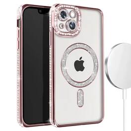 Entronix - Magnetic Case for iPhone 14 Plus - Clear Back with Luxury Rhinestones - Rose Gold