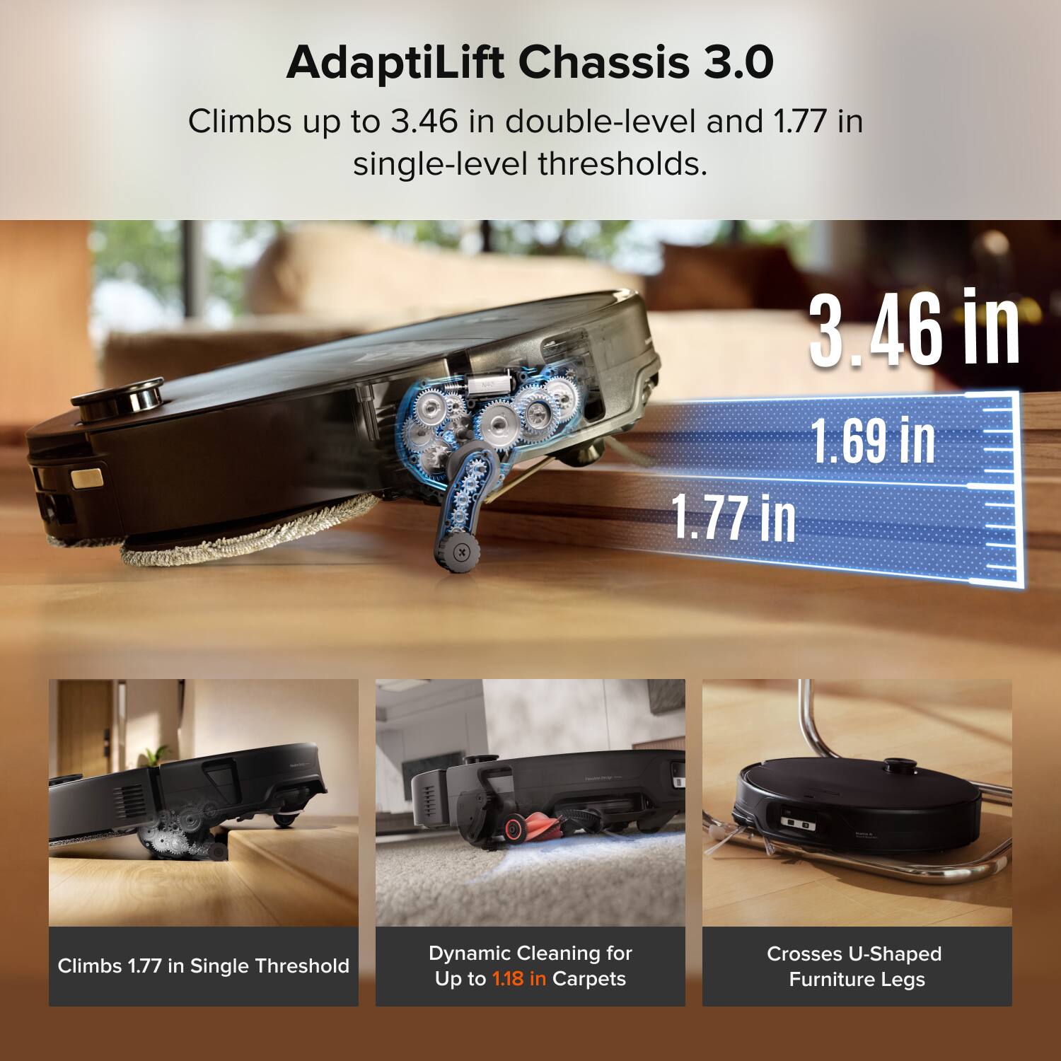 AdaptiLift Chassis 3.0 Climbs up to 3.46 in double-level and 1.77 in single-level thresholds.

3.46 in
1.69 in
1.77 in

Climbs 1.77 in Single Threshold

Dynamic Cleaning for Up to 1.18 in Carpets

Crosses U-Shaped Furniture Legs
