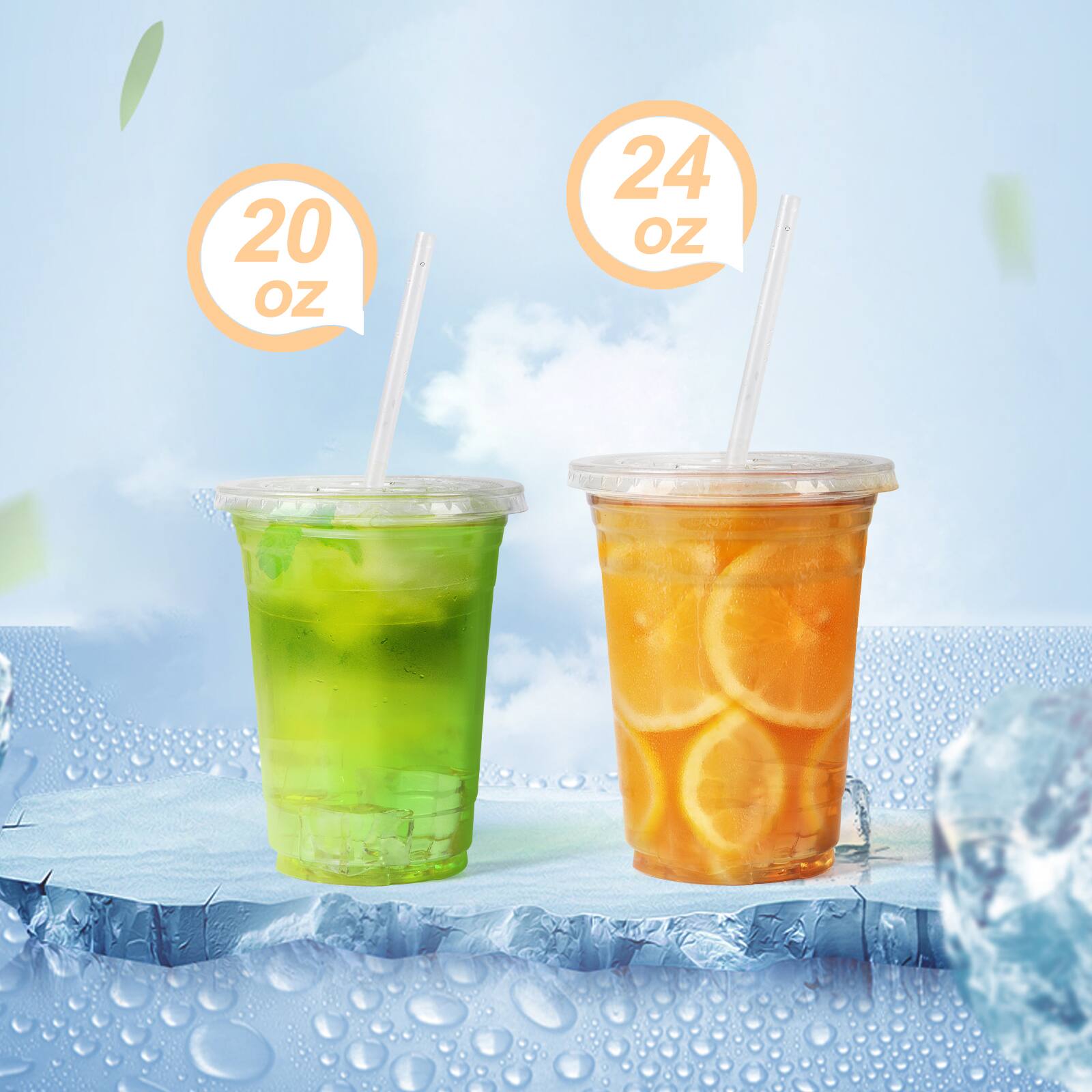 Alt View 2. Oumilen - 100 Pack 24oz Clear PET Cups with Lids & Straws – Thick Cold Drink Cups for Iced Coffee Smoothie - Clear.