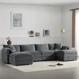 LUCKY ONE - 136" U-Shaped 6-Seat Chenille Modular Cloud Sofa w/ Double Cushions & Movable Ottoman - Dark Gray