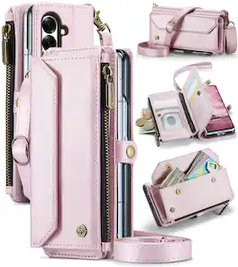 Dteck - Crossbody Wallet Case for Samsung Galaxy Z Fold7 with Card Slots and Zipper Pocket, RFID Blocking PU Leather Cover - Pink