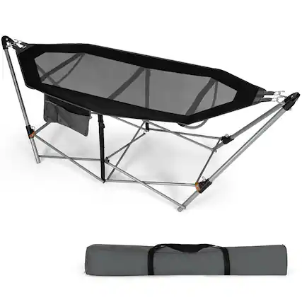 Front. Costway - Costway Folding Hammock Indoor & Outdoor Hammock with Side Pocket & Iron Stand - Black.