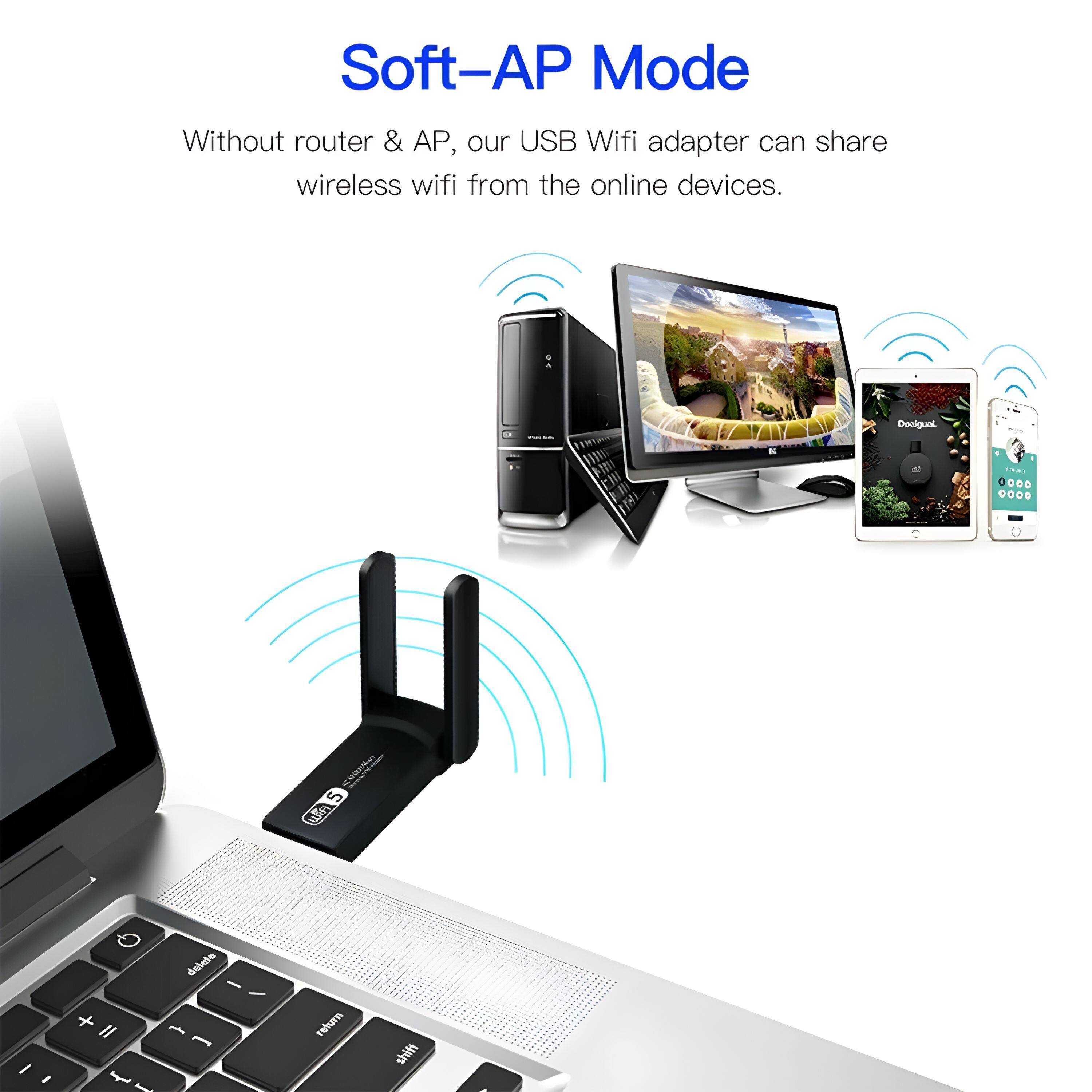 Soft-AP Mode
Without router & AP, our USB Wifi adapter can share wireless wifi from the online devices.