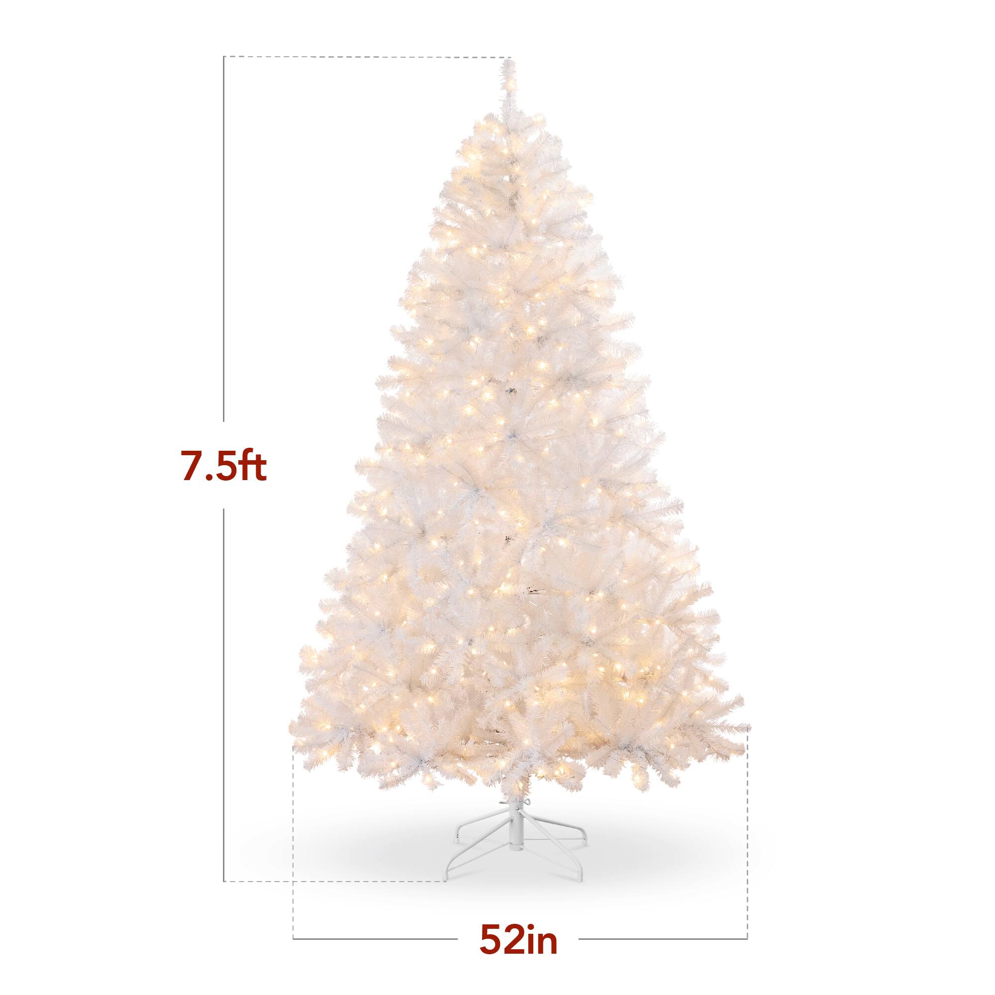 The text on the image indicates the dimensions of the Christmas tree as follows:

- Height: 7.5 feet
- Width: 52 inches