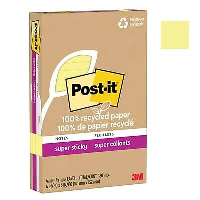 Post-it  
Recyclable  
100% recycled paper  
100% de papier recyclé  
NOTES  
FEUILLETS  
super sticky  
super collants  
4 IN x 6 IN  
101 mm x 152 mm  
4 x 45 EA/CH  
TOTAL/CONT. 180  
3M