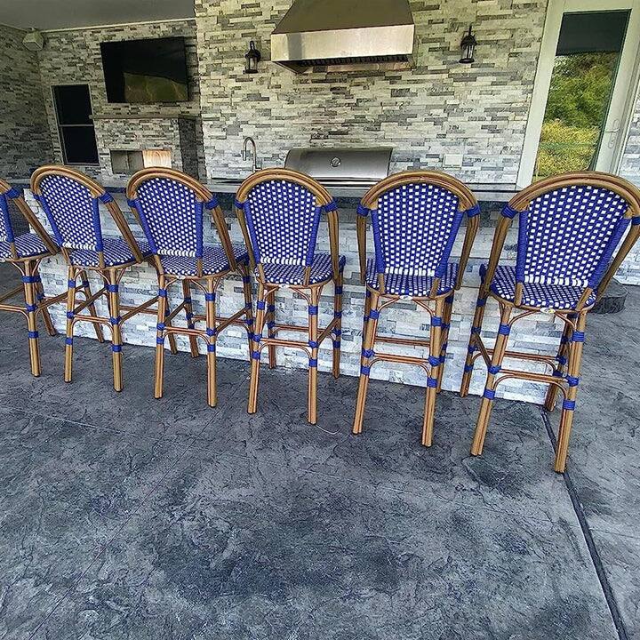 Alt View 1. PURPLE LEAF - French Bar Height Bar Stool Set of 2 Patio Bar Chairs with Back Rattan Bar Chairs French Bistro Set - Bamboo Pattern/Royal Blue-Bar Stool.