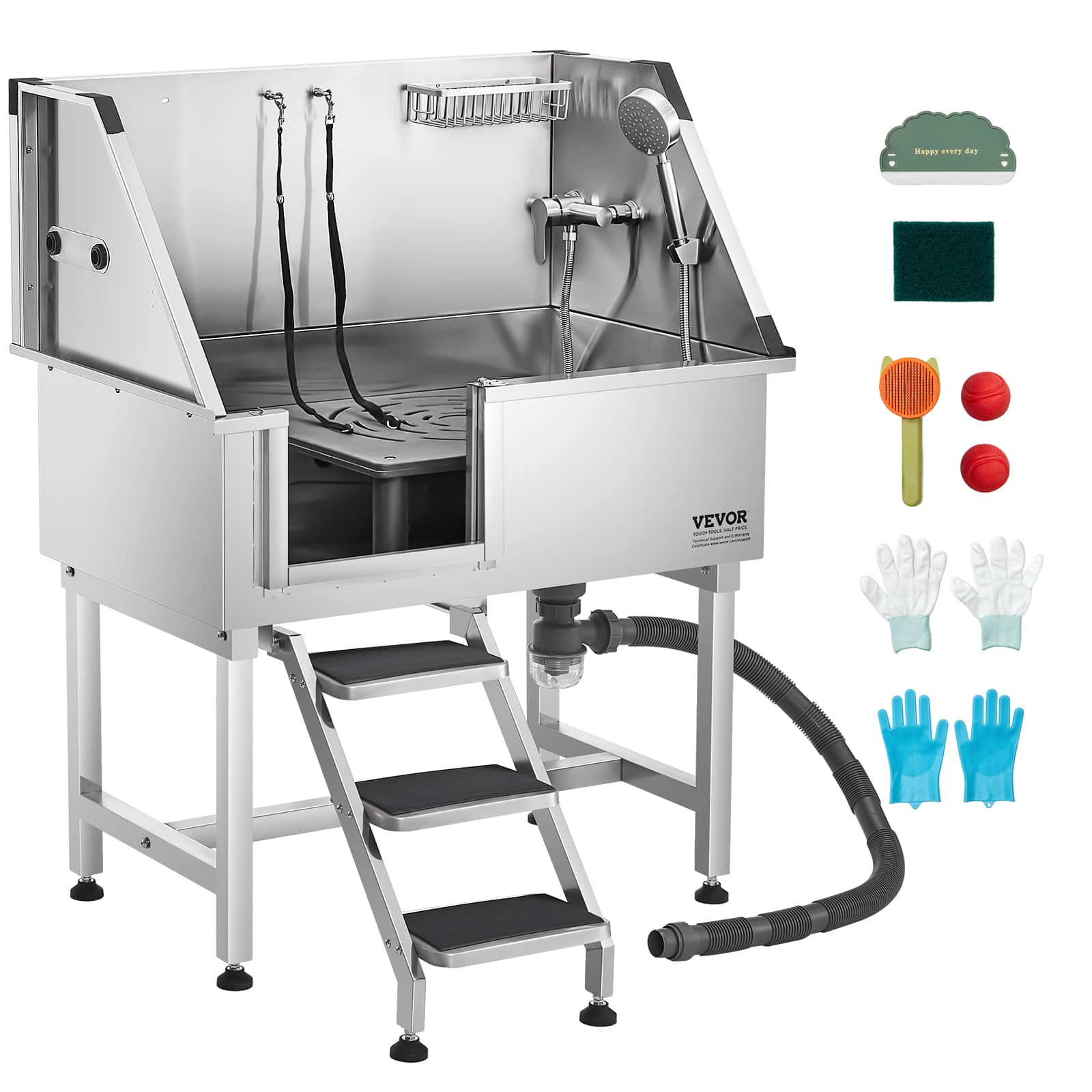 VEVOR - Stainless Steel Dog Washing Station, 38 inch Pet Grooming Tub w/ Storage Stairs, Faucet