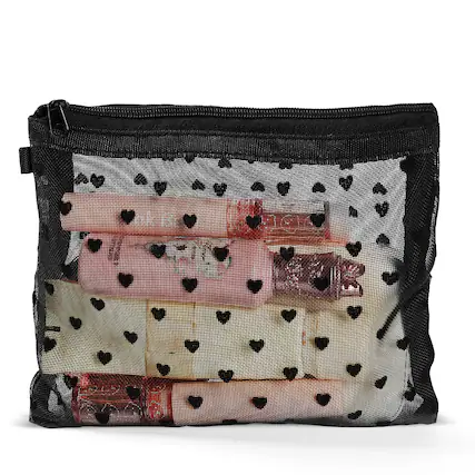 Front. Mber - Travel Makeup Bag, Small Makeup Bag Organizer, Toiletry Bag, Mini Mesh Cosmetic Bag with Zipper 6.5" x 5.6", Black - Black.