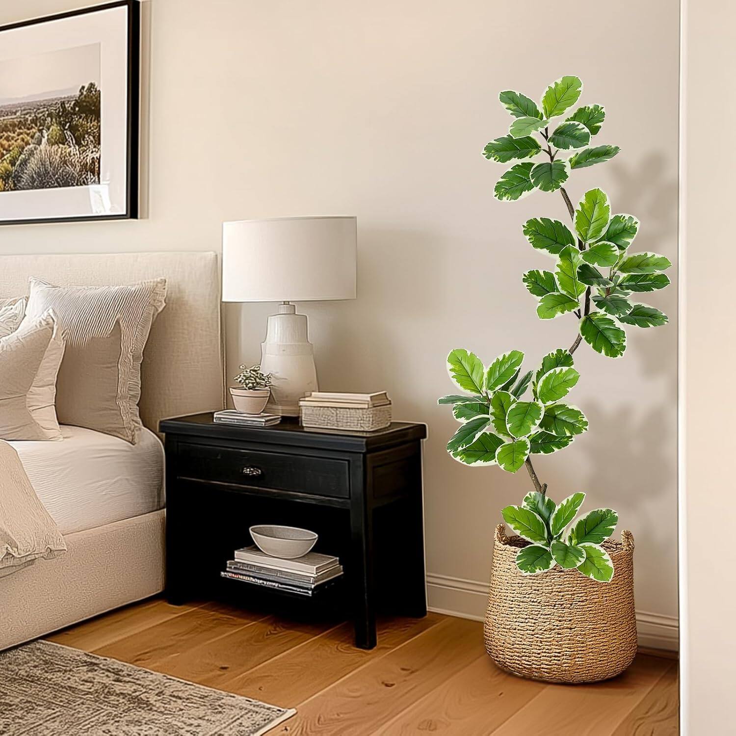 Alt View 4. Homhougo - Fiddle Leaf Fig Tree Artificial Indoor, 5FT Tall Faux Rubber Tree with Sphere Planter, Tall Artificial Plants with Moss - Green.