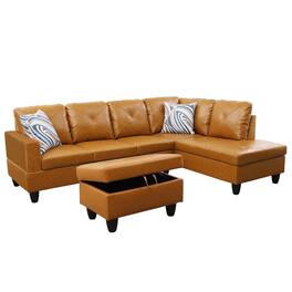 Boyel Living - Premium Semi PU Upholstered Sofa Solid Wood Frame Double Spring with Right Chaise Lounge - Caramel Brown