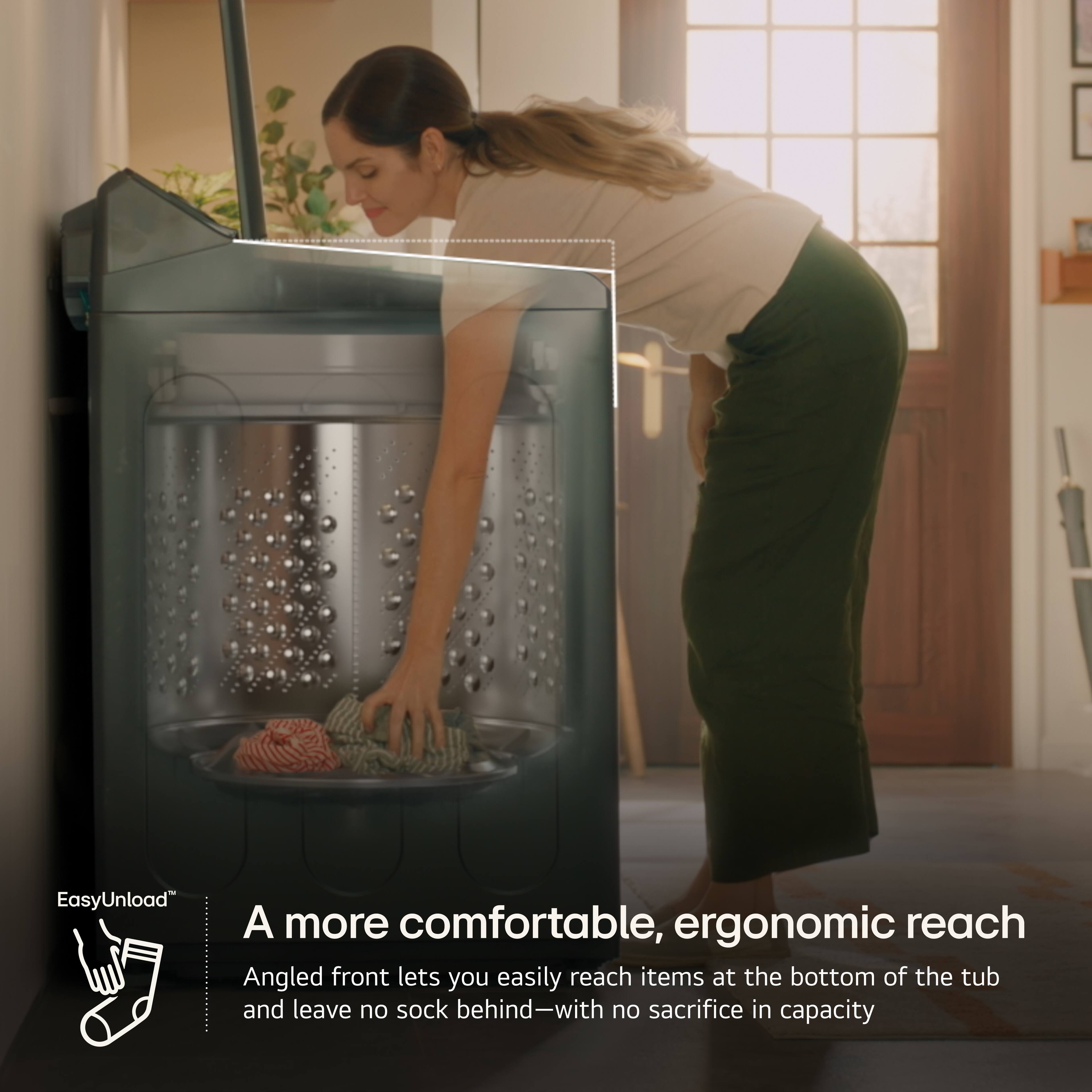 EasyUnload, A more comfortable, ergonomic reach, Angled front lets you easily reach items at the bottom of the tub and leave no sock behind-with no sacrifice in capacity