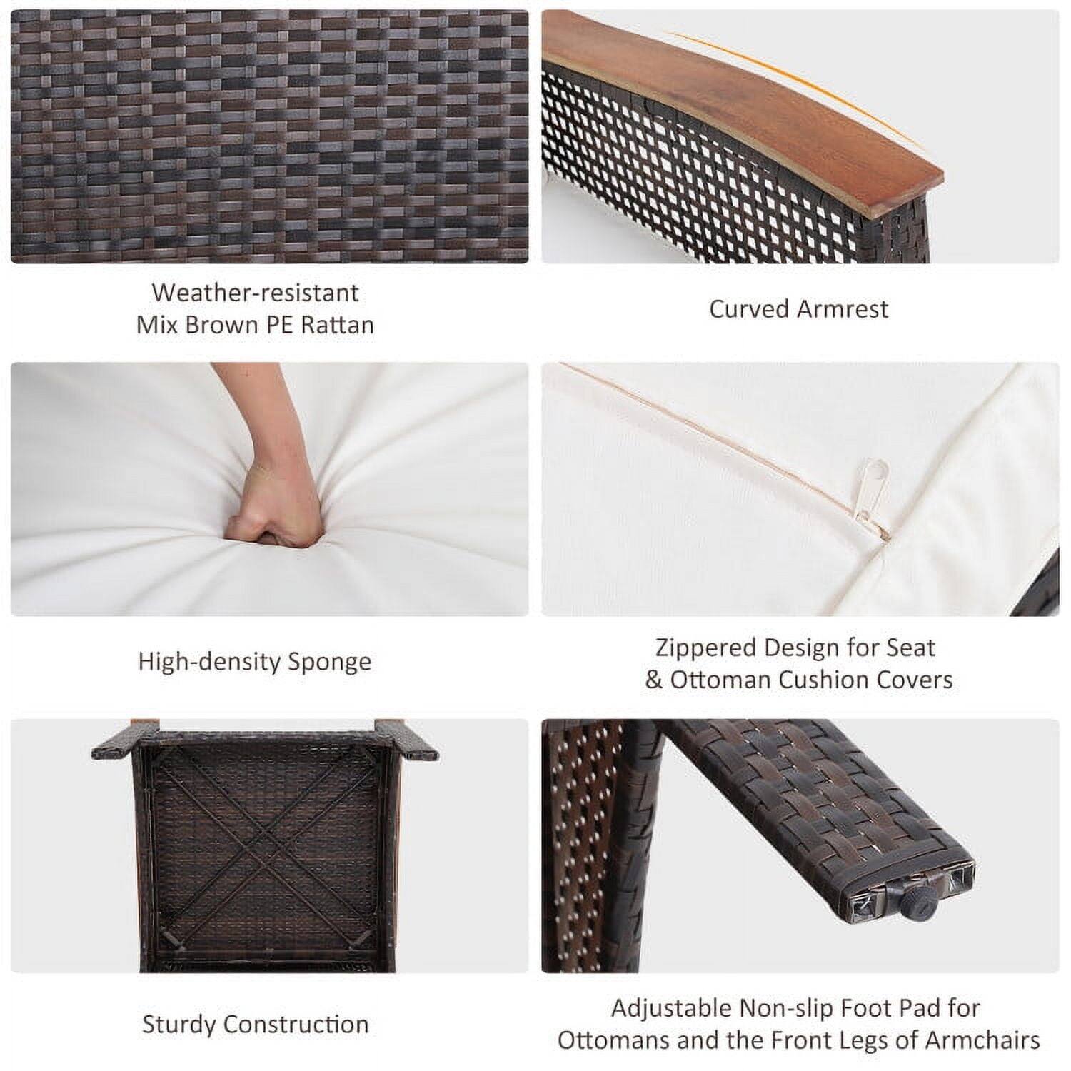 Weather-resistant Mix Brown PE Rattan  
Curved Armrest  
High-density Sponge  
Zippered Design for Seat & Ottoman Cushion Covers  
Sturdy Construction  
Adjustable Non-slip Foot Pad for Ottomans and the Front Legs of Armchairs