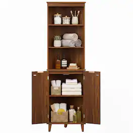 Costway - 68" Tall Corner Cabinet with Fluted Doors, 6-Tier Space Saver Display Shelves Bathroom Storage Cabinet - Walnut