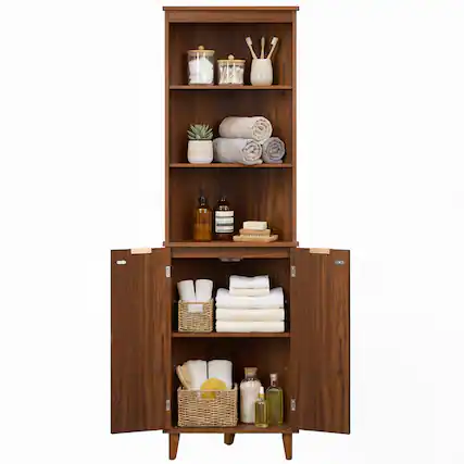 Front. Costway - Costway 68" Tall Corner Cabinet with Fluted Doors, 6-Tier Space Saver Display Shelves Bathroom Storage Cabinet - Walnut.