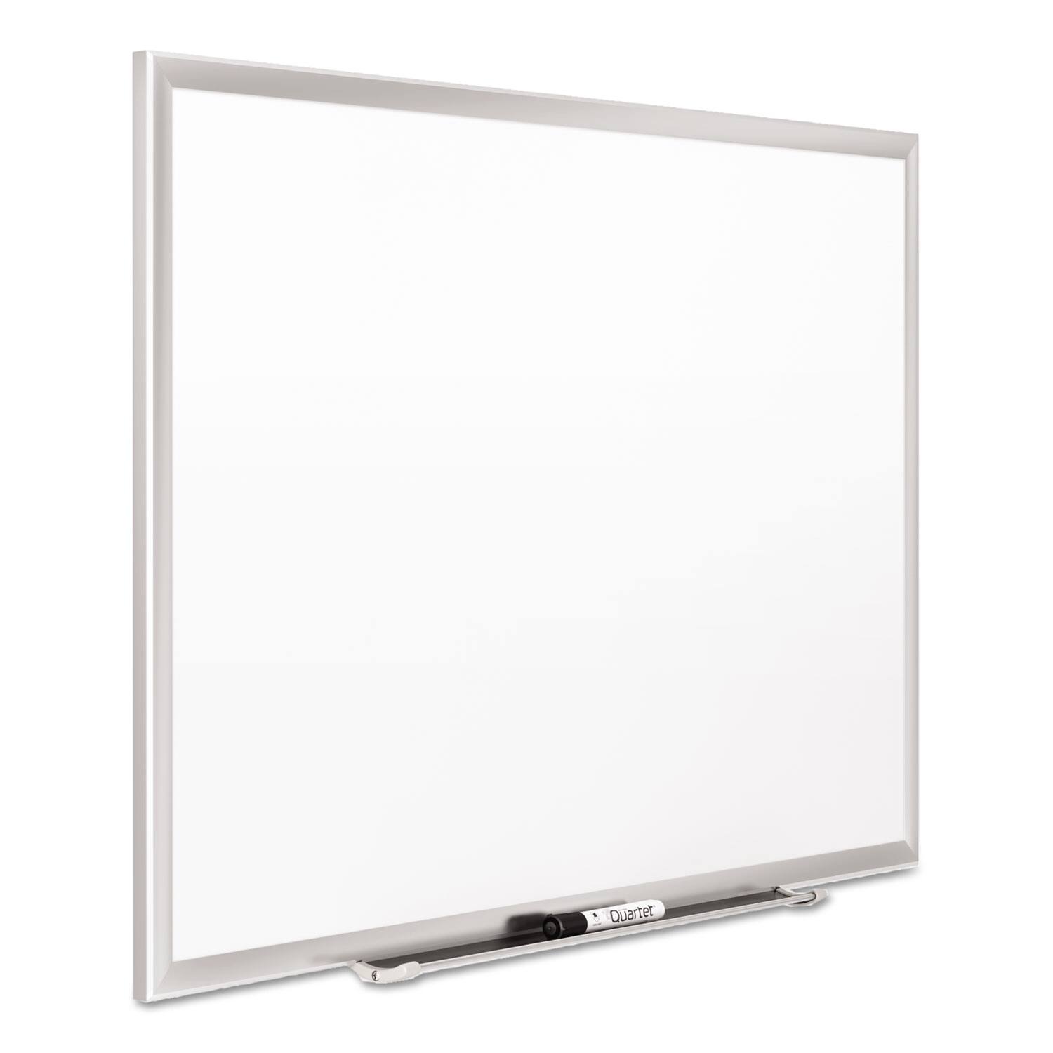 Left. Quartet - Classic Series Porcelain Magnetic Dry Erase Board, 36" x 24", White Surface, Satin Aluminum Frame.