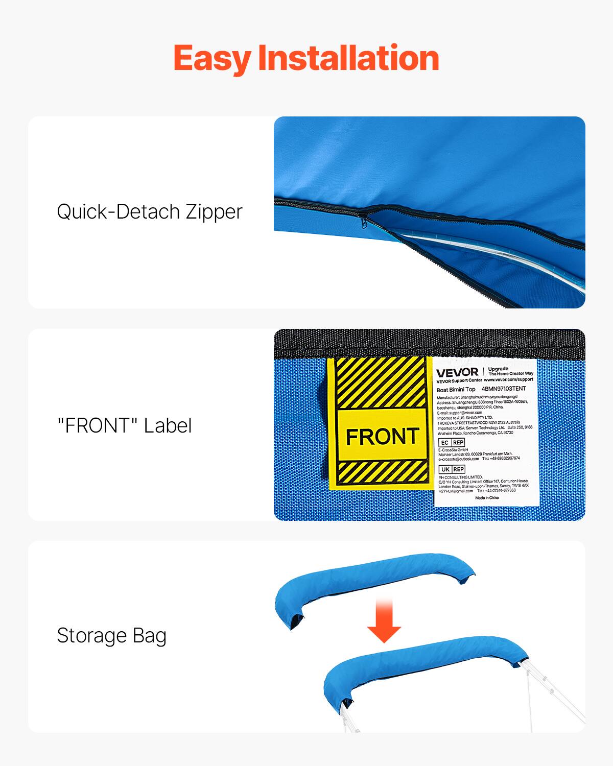 Easy Installation

Quick-Detach Zipper

"FRONT" Label

Storage Bag